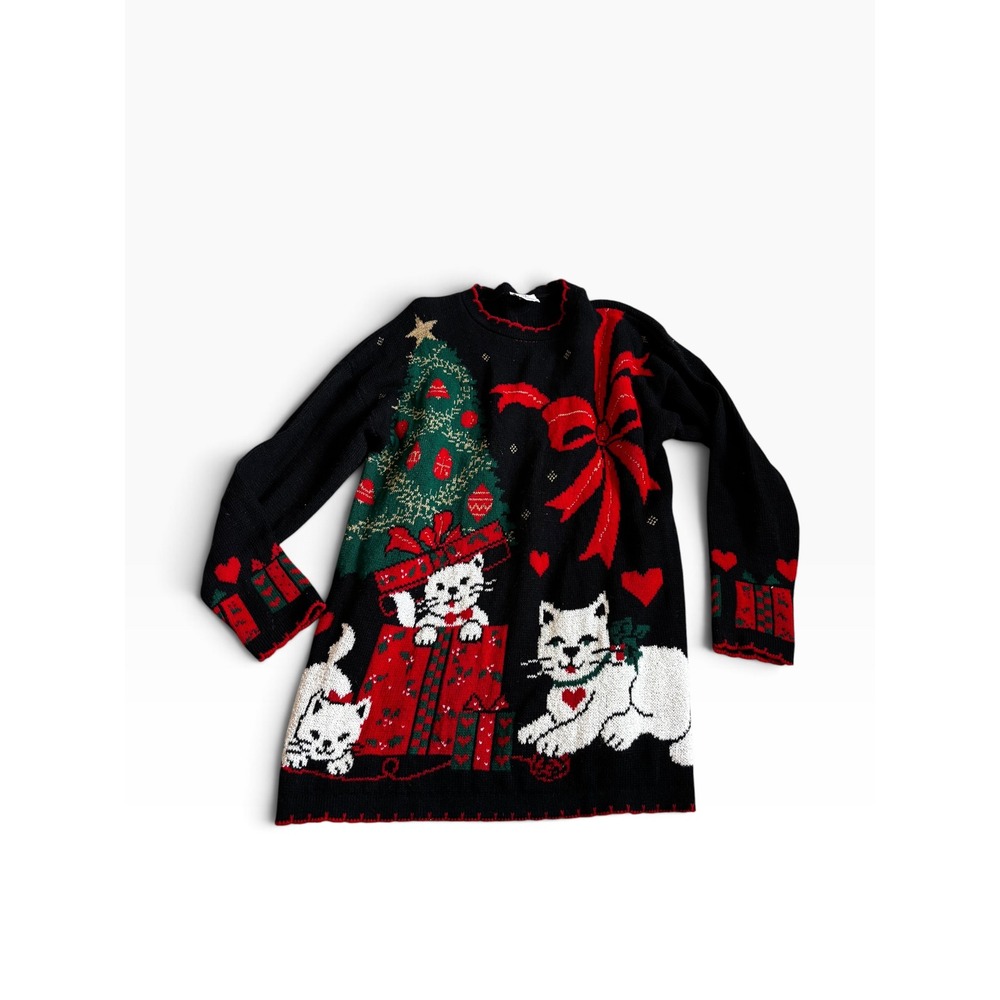 90s Vintage NutCracker Christmas Sweater Medium Black Kitten Cat Tree Ugly